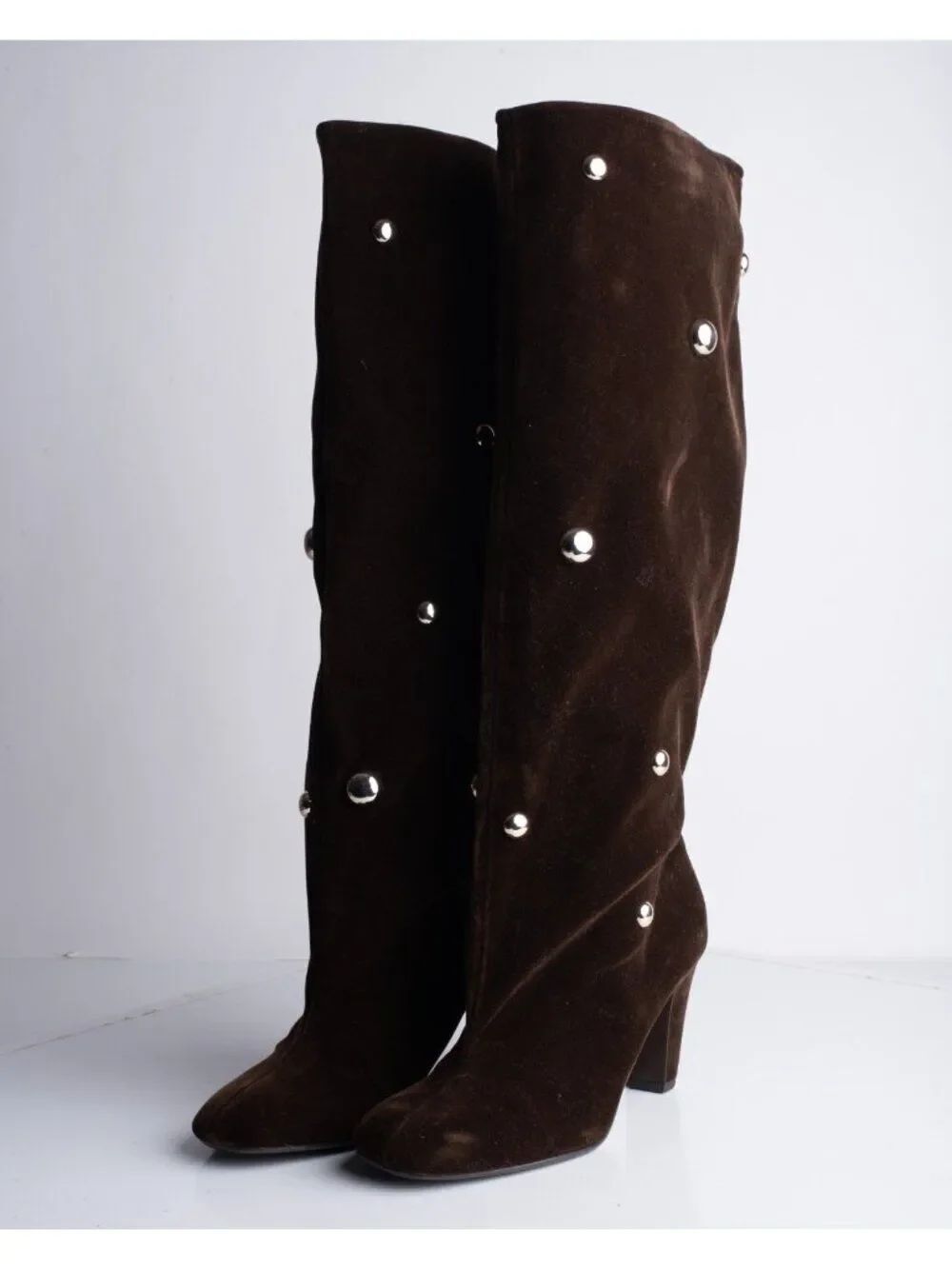 Zara Womens Velvet Studded Heeled Boots Brown Slouch US 7.5 EU 38 NWOB